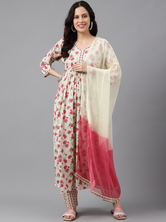 KALINI Floral Printed V-Neck Three-Quarter Sleeves Pure Cotton Kurta Set