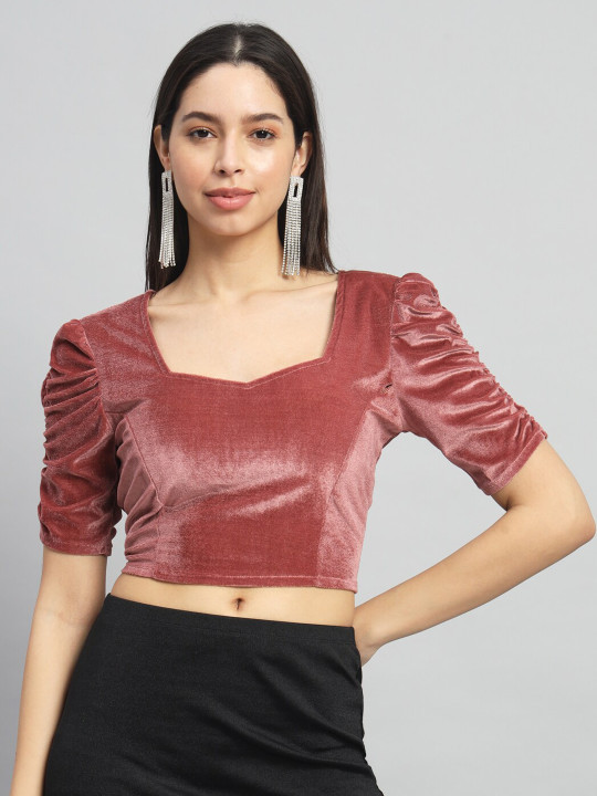 VAARARO Puff Sleeve Velvet Crop Top