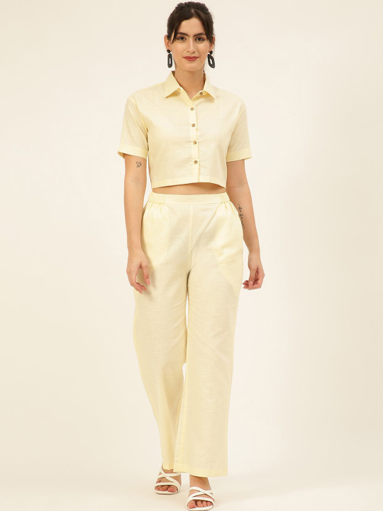 JAVINISHKA Cotton-Linen Crop Shirt With Trousers