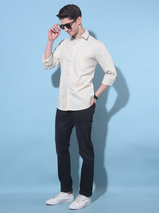 Crimsoune Club Resort Collar Checked Printed Cotton Curved Slim Fit Casual Shirt