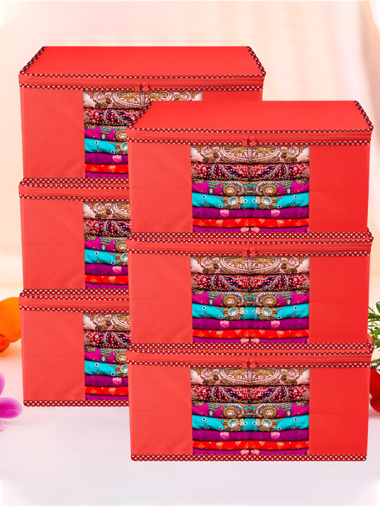 Kuber Industries Red 6 Pieces Reusable Zip Closure Saree Bag Organisers