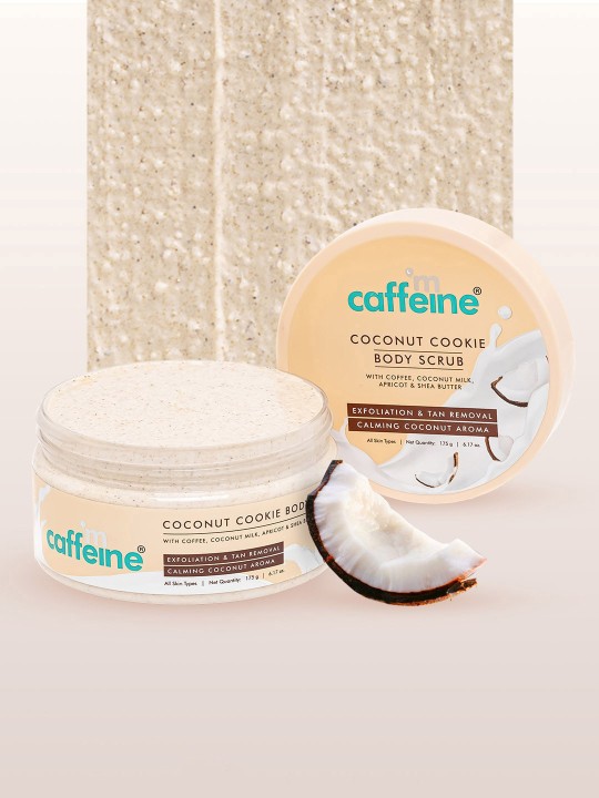 mCaffeine Coconut Cookie Body Scrub for Exfoliation & Tan Removal with Coffee, Coconut Milk, Apricot & Shea Butter, Glowing Skin For Men & Women