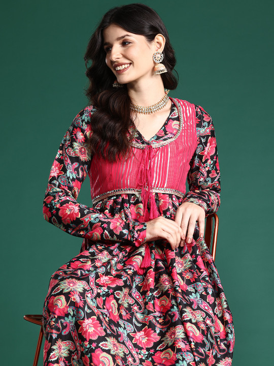 Sangria Ethnic Motifs Lurex Printed Layered Kurta Set