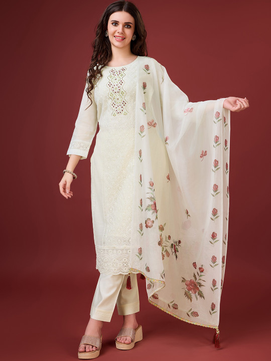 MOJILAA Embroidered Beads & Stones Chanderi Silk Straight Kurta With Trousers & Dupatta
