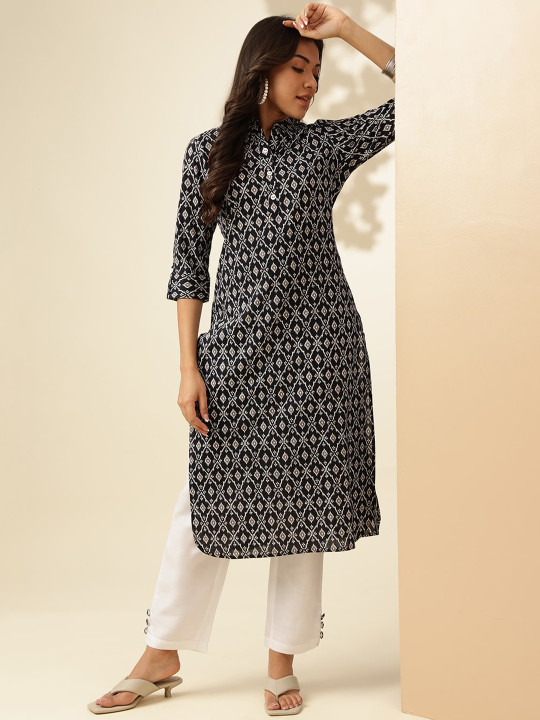 Anouk Black Ethnic Motifs Printed Shirt Collar Curved Pure Cotton Straight Kurta & Trouser