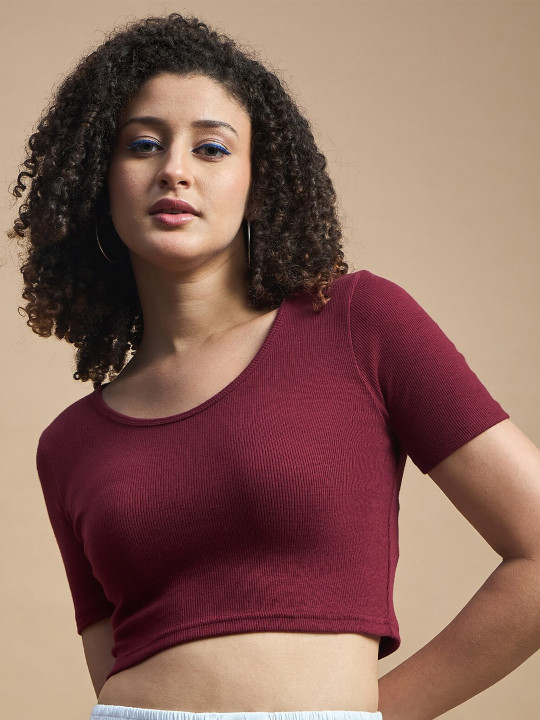 Roadster The Lifestyle Co. Maroon Round Neck Crop Top