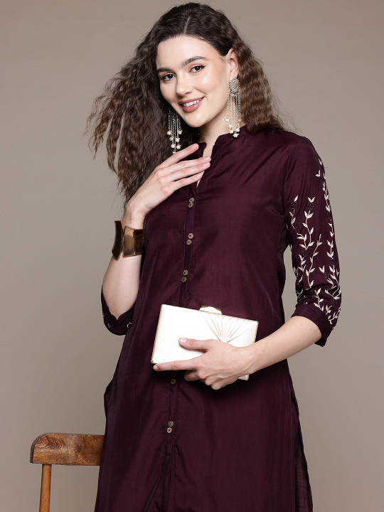 Readiprint Women Floral Embroidered Regular Thread Work Pure Silk Kurta with Trousers