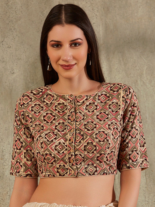 SALWAR STUDIO Geometric Printed Cotton Saree Blouse