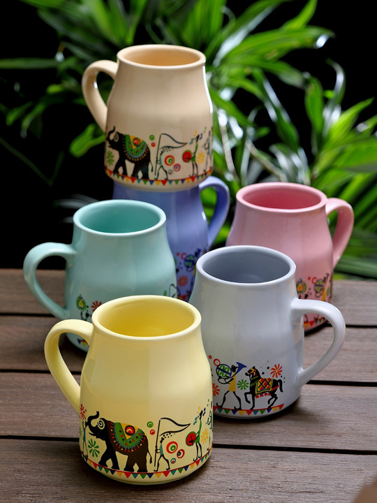 Arrabi Papa Happy Anniversary Blue Animal Print Stoneware Handmade 6 Piece Cups-220ml