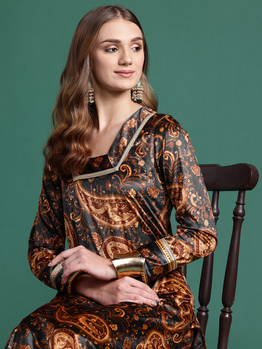 Sangria Velvet Finish Paisley Design Gotta Patti Kurta with Palazzos