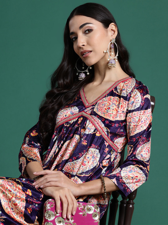 Sangria Paisley Print Sequinned Velvet Finish Empire Kurta with Palazzos