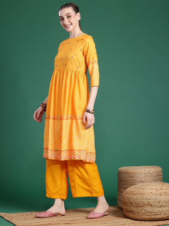 Sangria Bandhani Printed Mirror Work Kurta with Palazzos