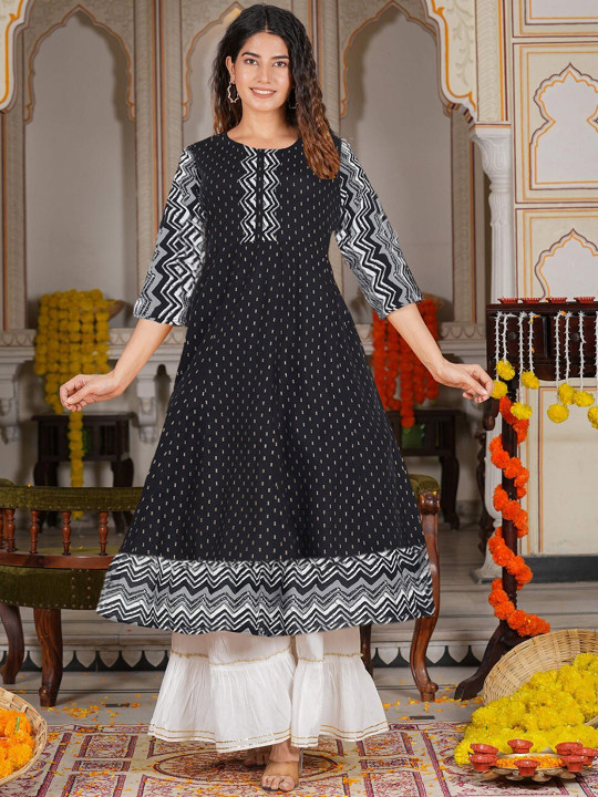 KALINI Geometric Printed Round Neck A-Line Kurta