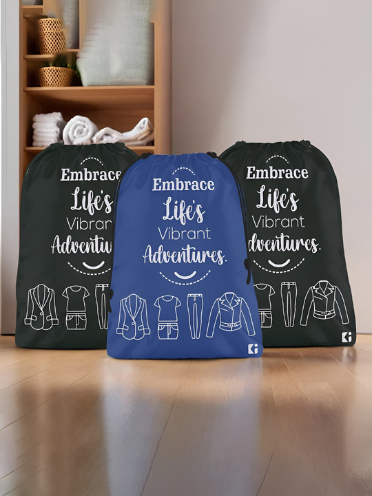 Kuber Industries Black & Blue 3 Pcs Printed Cloth Storage Bags