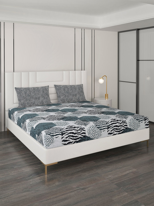 Monte Carlo Off White Geometric Cotton 144 TC Queen Bedsheet with 2 Pillow Covers-90 x 100 inches