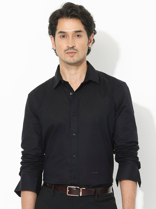 RARE RABBIT Men Black Regular Fit Plain Casual Shirt