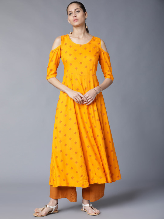 Vishudh Yellow Ethnic Motifs Printed Cold-Shoulder 