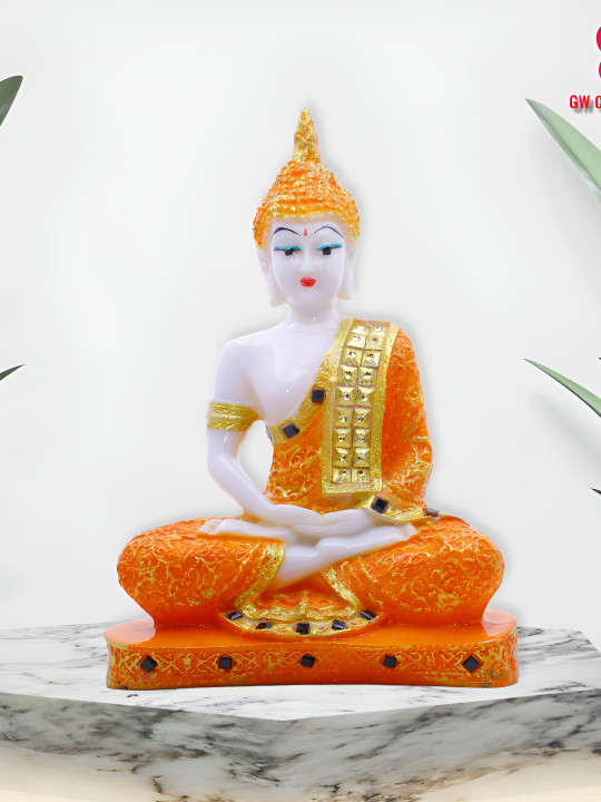 GW CREATIONS Orange & White 2 Pieces Buddha Idol Marble Showpieces