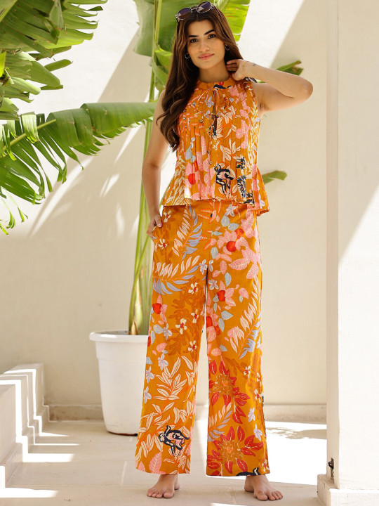 SANSKRUTIHOMES Printed Mandarin Collar Sleeveless Pure Cotton Top And Trouser Co-Ords