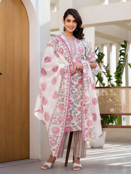 Yufta Pink Floral Printed Thread Work Pure Cotton Straight Kurta With Trousers & Dupatta