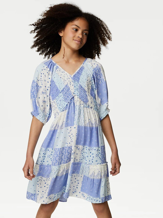 Marks & Spencer Patchwork Print Shirred Tiered Dress