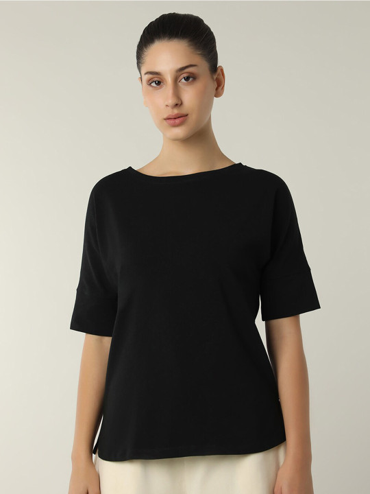 Amante Boat Neck Drop-Shoulder Sleeves Bio Finish Cotton T-shirt