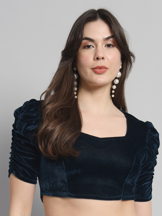 VAARARO Sweetheart Neck Puff Sleeves Velvet Fitted Crop Top