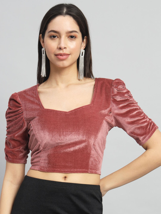 VAARARO Sweetheart Neck Puff Sleeves Stretchable Velvet Crop Top