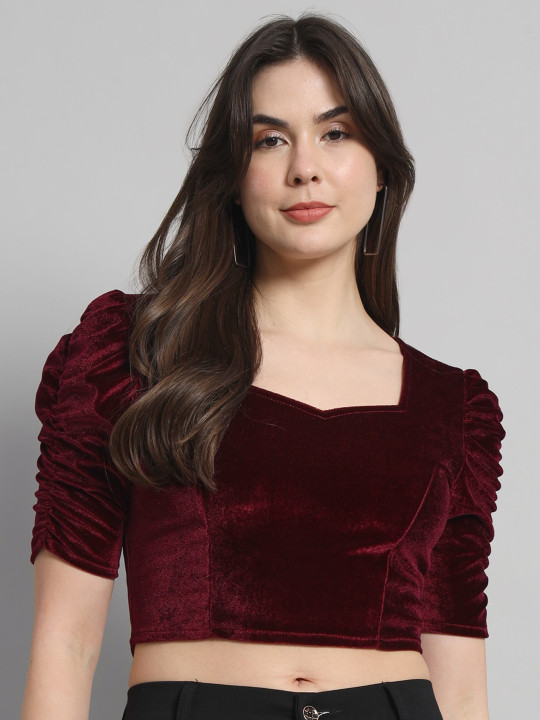 VAARARO Sweetheart Neck Puff Sleeves Velvet Fitted Crop Top