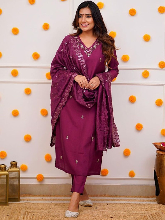 KALINI Floral Embroidered Regular Sequinned Chanderi Silk Kurta with Trousers & Dupatta