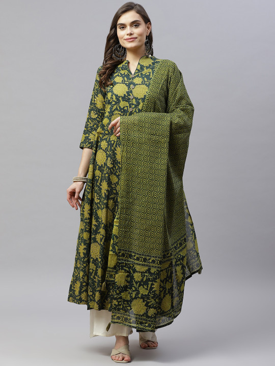 MIRAVAN Floral Printed Notch Neck Cotton Anarkali Kurta with Dupatta