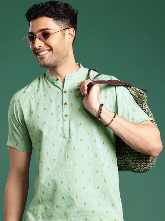 Sangria Men Mandarin Collar Pure Cotton Casual Shirt