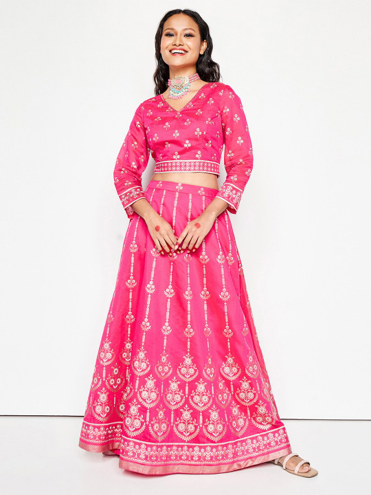 Global Desi Printed V-Neck Top With Skirt