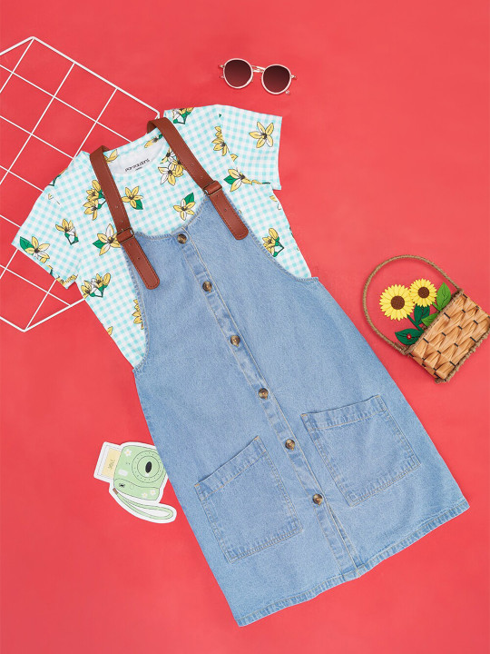 Pantaloons Junior Girls Pure Cotton Dungarees With Top