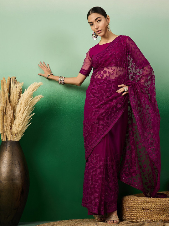 Sangria Embroidered Floral Saree