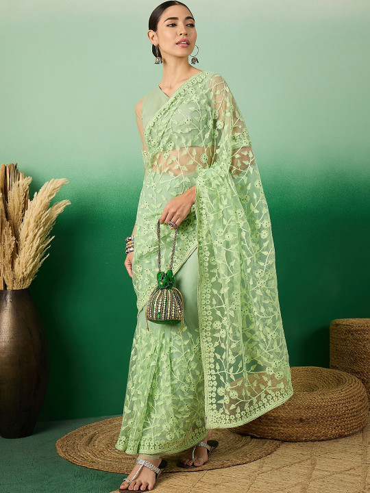 Sangria Floral Embroidered Net Saree