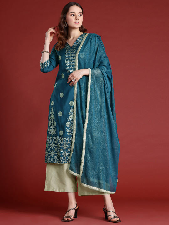 Anouk X fwd Ethnic Motifs Foil Printed Gotta Patti Kurta with Palazzos & Dupatta