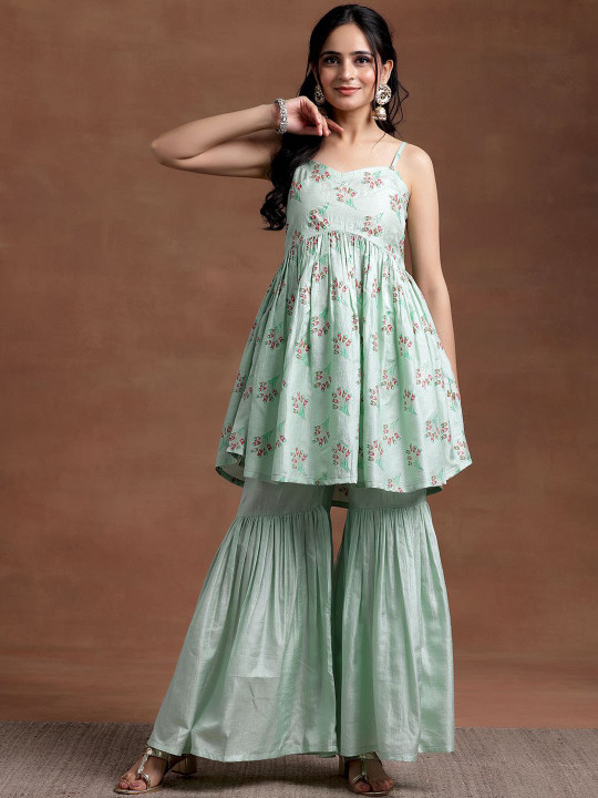 Libas Womens Sea Green Printed A-Line Kurta With Sharara