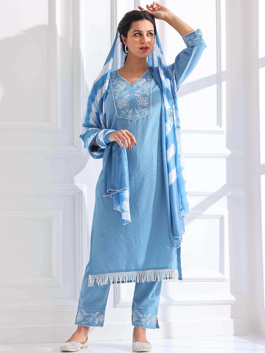 Anouk Women Embroidered Regular Kantha Work Pure Cotton Kurta with Trousers & With Dupatta