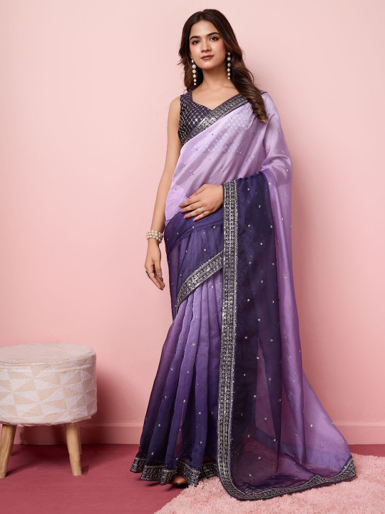 VAIRAGEE Ombre Embroidered Sequinned Organza Saree