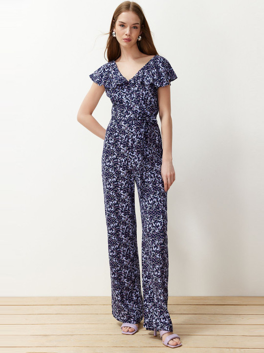 Trendyol Floral Printed Waist Tie-Ups Ruffled Basic Jumpsuit