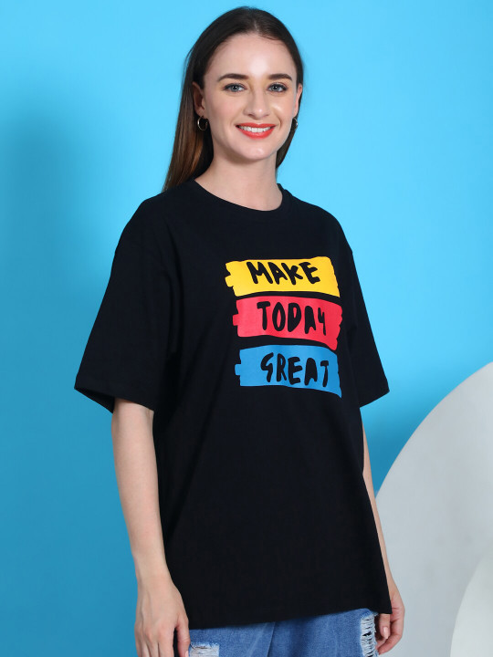 DOOR74 Typography Print Drop Shoulder Sleeves Cotton Oversized Longline T-shirt