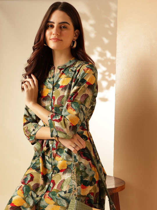 Anouk Green Floral Printed Mandarin Collar A-Line Dress