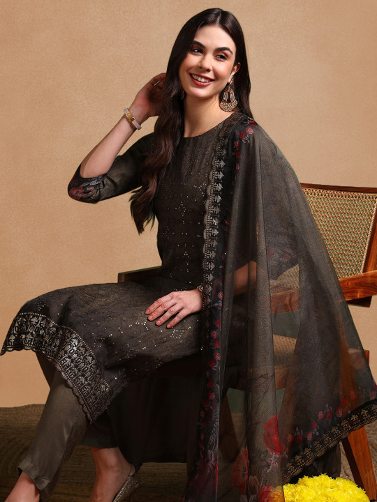 KALINI Floral Printed Sequinned Straight Organza Kurta with Trousers & Dupatta