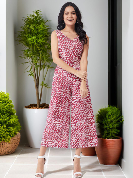 Zima Leto Geometric Printed V-Neck Cotton Basic Jumpsuit