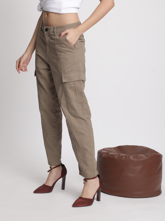 The Lifestyle Co. Women Brown Mid Rise Pure Cotton Paneled Cargo Trouser