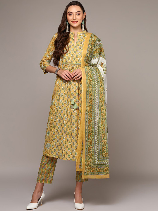 KALINI Floral Printed Empire Pure Cotton Empire Anarkali Kurta With Trousers & Dupatta