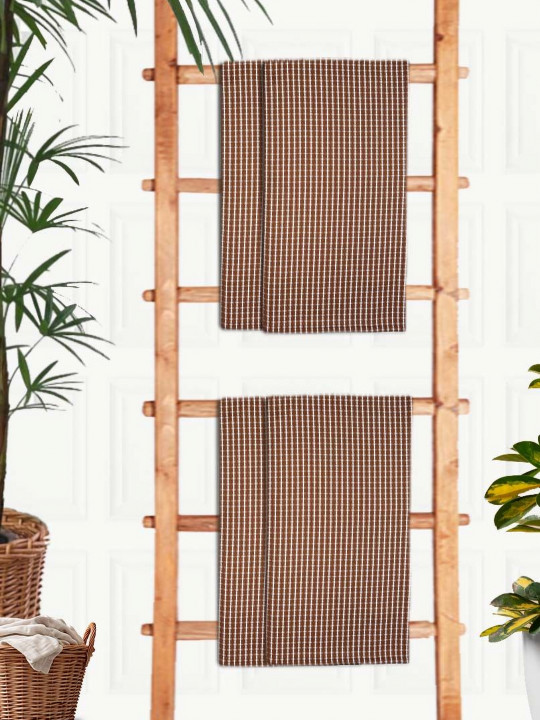 Athom Living Waffle Cotton Bath Towel Soft 210 GSM Set of 4 Brown & White 75x150cm