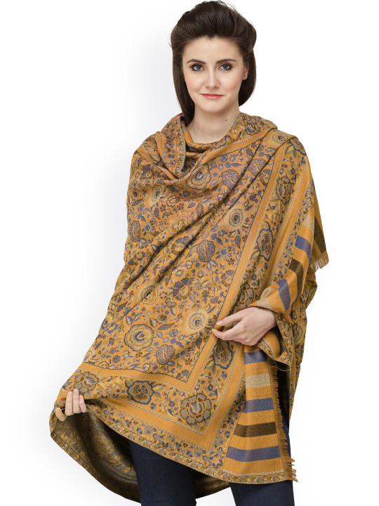 Exotic India Butterscotch Woven Flowers in Multi-coloured Thread Jamawar Wool Shawl