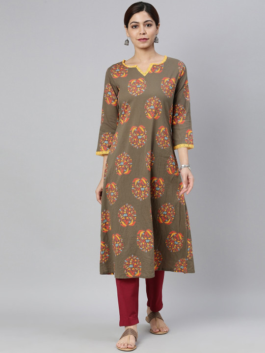 KALINI Floral Printed Notch Neck Thread Work Cotton A-Line Kurta